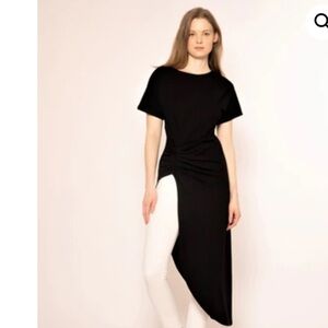 Gracia Black Unbalanced Short Sleeve Top With Front Shirring